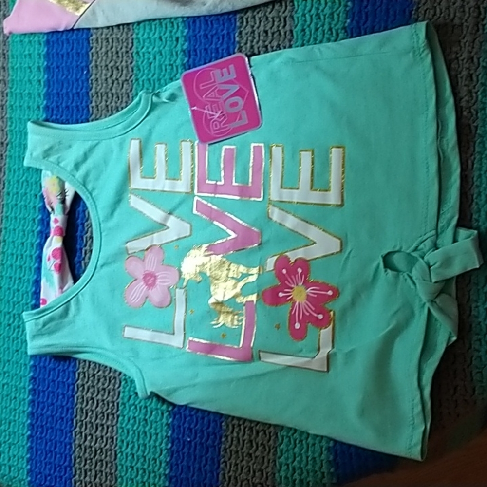 2 piece pj set colors grey, pink, gold, a light tealish green, white, black, yel